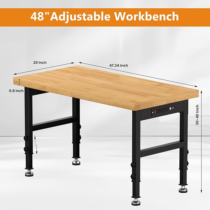 48" Work Bench, Adjustable Height Workbench with Rubber Pad, Heavy-Duty Solid Wood Work Table with Power Outlets, 2000 LBS Capacity Workstation for Garage, Workshop, Office, Home