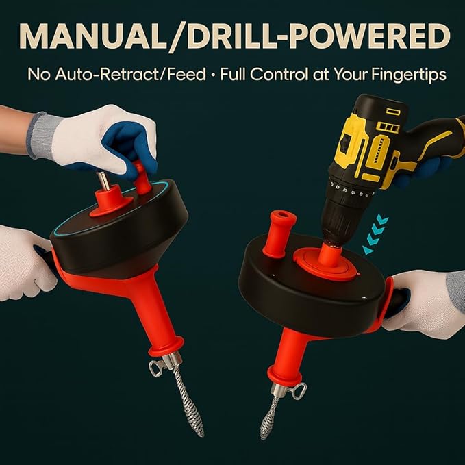 50 FT Drain Snake Hair Drain Clog Remover, Manual Or Powered, Plumbing Snake With Drill Adapte,Unclog Sink Drain Tool, Drain Auger for Toilet、Shower、Kitchen、Sink, No Auto Retract Or Feed, Red