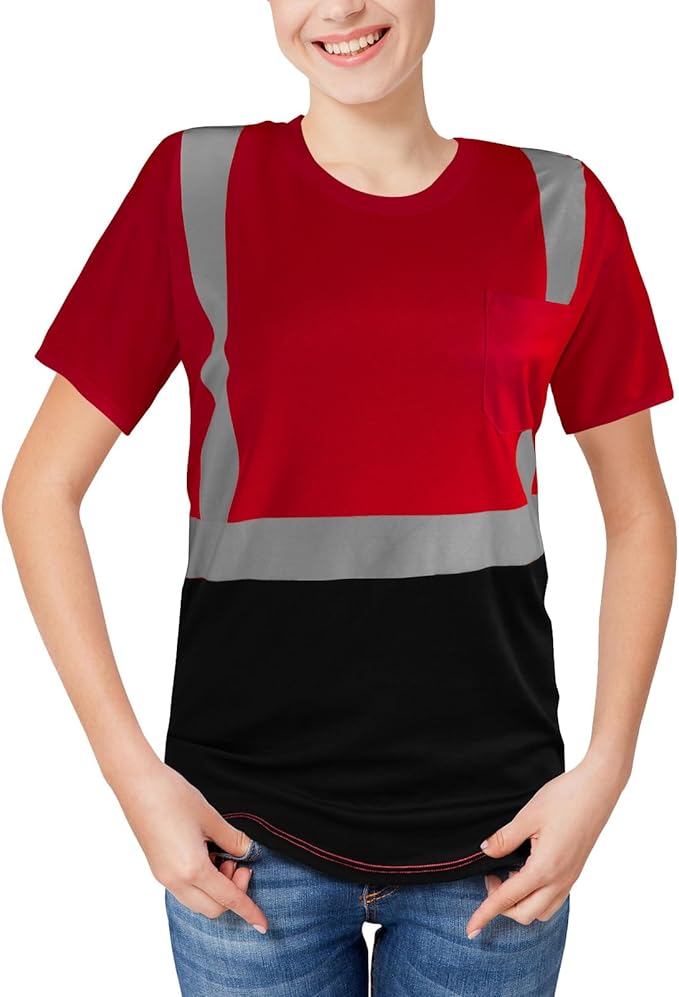 High Visibility Shirts Quick Dry Safety T Shirts with Reflective Strips and Pocket Short Sleeve Mesh Hi Vis Construction Work Class 2 Shirt for Men/Women Black Bottom Red,XL