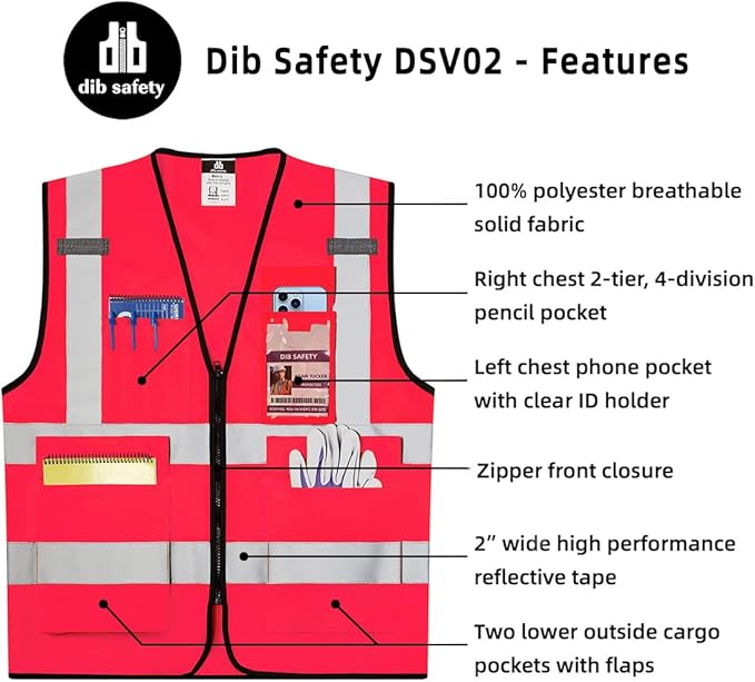 Dib Safety Reflective Vest High Visibility with Pockets and Zipper, Pink XS