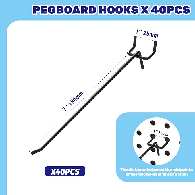 40Pcs 8" /200mm Stainless Steel Pegboard Display Hooks Bulk Set, Black Garage Organization Peg Wall Hook Metal Slatwall Panel Hook Fit 1/8 and 1/4 Inch Pegboard for Retail