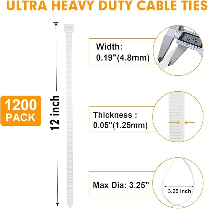 Zip Ties, RAZCC 1200pcs Cable Zip Ties 12 Inch, Heavy Duty White Plastic Wire Ties with 50lb Tensile Strength, Self-Locking Nylon Cable Ties, Wire Management for Indoor and Outdoor