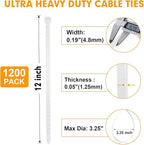 Zip Ties, RAZCC 1200pcs Cable Zip Ties 12 Inch, Heavy Duty White Plastic Wire Ties with 50lb Tensile Strength, Self-Locking Nylon Cable Ties, Wire Management for Indoor and Outdoor