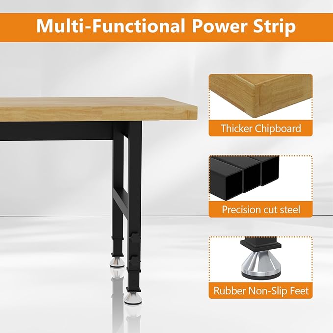 60" Work Bench, Adjustable Height Workbench with Rubber Pad, Heavy-Duty Work Table with Power Outlets, 2000 LBS Capacity Workstation for Garage, Workshop, Office, Home