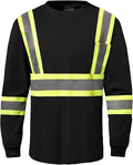 Hi Vis Safety Long Sleeve Shirts，High Visibility Class 3 T Shirts with Reflective Strips and Pocket, Quick Dry Mesh Construction Work Shirt for Men/Women (Black,2XL)
