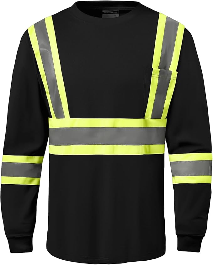 Hi Vis Safety Long Sleeve Shirts，High Visibility Class 3 T Shirts with Reflective Strips and Pocket, Quick Dry Mesh Construction Work Shirt for Men/Women (Black,XL)