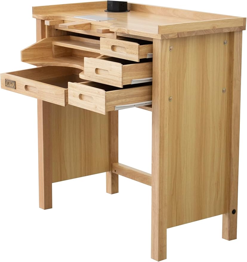 Deluxe Solid Wood Jewelers Workbench – Heavy-Duty Jewelry Bench with Drawers, Outlets, 1 USB, 1 Type-C, 2 Sockets, Wireless Charging Pad & Pop-Up Retractable Power Socket for Crafting & Repair