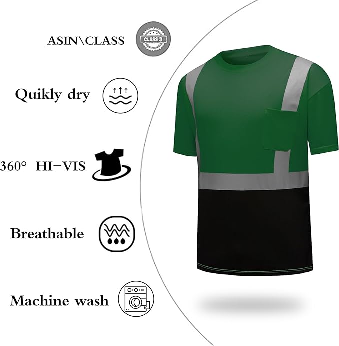 High Visibility Shirts Quick Dry Safety T Shirts with Reflective Strips and Pocket Short Sleeve Mesh Hi Vis Construction Work Class 2 Shirt for Men/Women Black Bottom Green,5XL