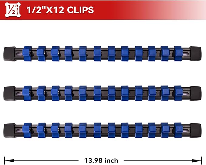 ALOANES 3 PC ABS Socket Organizer, 1/2 inch, Drive Socket Rail Holders, Heavy Duty Socket Racks, Black Rails with Blue Clips