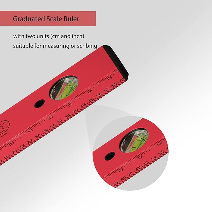 BETHEL Torpedo Level, 16" Magnetic Torpedo Spirit Level Tool with 3 Vials, 45°/90°/180°Degrees, Aluminum Shockproof Bubble Level, High Visibility Red Durable Measuring Leveler