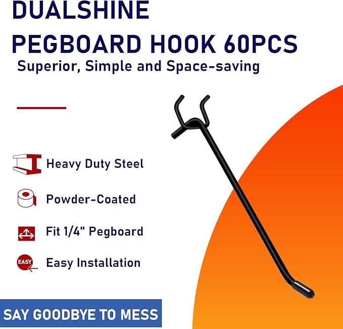 Dualshine 60Pcs Black Pegboard Hooks, 2/4/6 Inch Pegboard Wall Hook Heavy Duty PegBoard Shelving Hook Fit 1/4" PegBoard Metal Hanging Pegboard Display Hook Holder Organizer for Kitchen Store