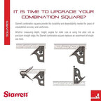 Starrett Steel Combination Square with Square Head and Center Head - 12" Blade Length, Cast Iron Heads, Hardened Steel, Reversible Lock Bolt, 4R Graduation Type - C11HC-12-4R