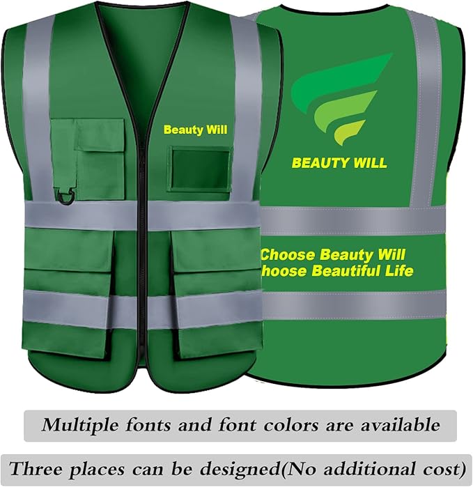 BeautyWill Custom Safety Vest Customized Logo Class 2 High Visibility Reflective Vest with Pockets Construction workwear