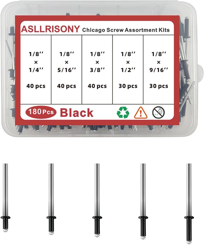 180Pcs Black 1/8" Pop Rivets Assortment Kit,5 Sizes Aluminum Rivets,Aluminum blind pro Rivets for DIY/Metal/Furniture/Instruments