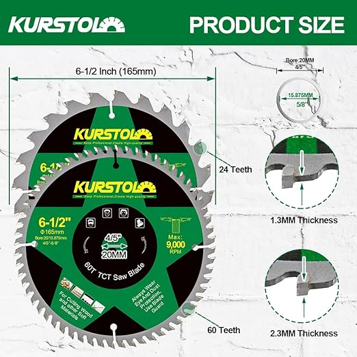 Circular Saw Blade 6-1/2 Inch - 24&60T ABT Wood Cutting Saw Blade with 4/5” Arbor for Wood, Plastic, Plywood, Particle Boards, Multilayer Boards(2 Pack)