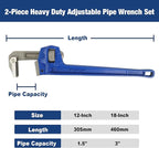 Drop Forged 2 Piece (12", 18 ") Pipe Wrench Set: Heavy Duty Hand Tools with Adjustable Plumbing Wrench, Exceed GGG standard