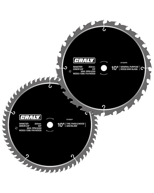 CRALY 10 Inch 24&60 Teeth General Purpose/Fine Finish Wood Cutting Circular Saw Blade, 5/8 Inch Arbor, for Table Saw & Miter Saw, Carbide Tipped, Thin Kerf, for Cutting Plywood, MDF, OSB, Laminated