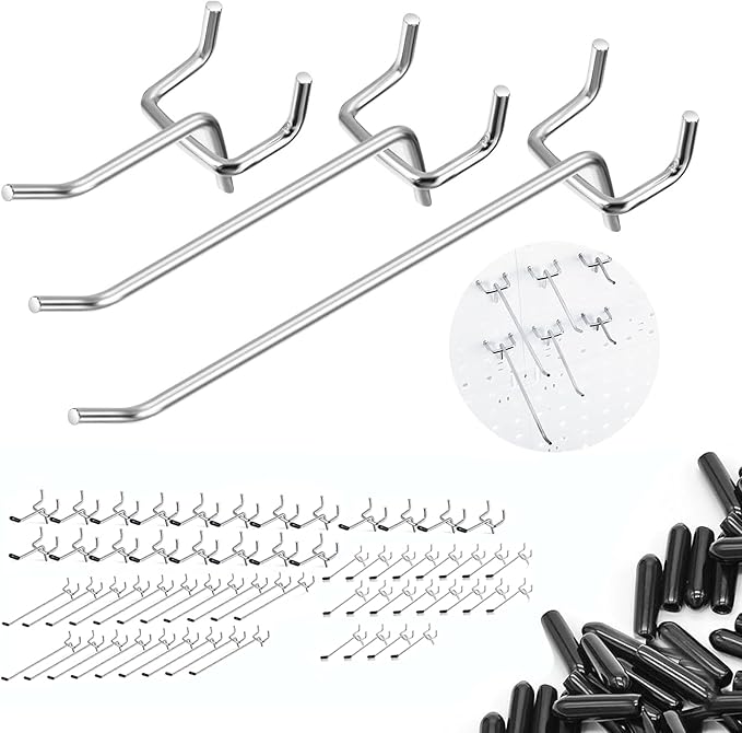 60Pcs Pegboard Hooks,2/4/6 inch Peg Board Hooks for Hanging.These Durable pegs fit 1/4" pegboard,Ideal peg Board Organizer Accessories for Tools,Kitchens,or Stores 1“ Hole Pitch