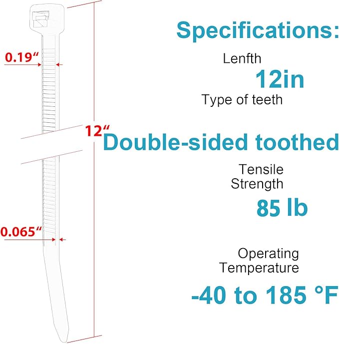 12 Inch Zip Ties Double Sided Toothed (Bulk 1000 Pack),85 LBS Tensile Strength Heavy Duty Cable Wire Ties With Self-Locking Adjustable More Durable Nylon Tie Wraps for Indoor Outdoor