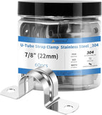 60Pcs 7/8 Inch (22mm) 304 Stainless Steel Conduit Clamps, U-Tube Strap Pipe Clamp 2 Hole Strap U Bracket Rigid Pipe Strap Clamps Metal Conduit Strap Tension Clips U-tube Clamp