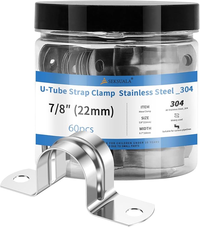 60Pcs 7/8 Inch (22mm) 304 Stainless Steel Conduit Clamps, U-Tube Strap Pipe Clamp 2 Hole Strap U Bracket Rigid Pipe Strap Clamps Metal Conduit Strap Tension Clips U-tube Clamp