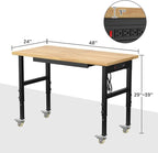 48" Adjustable Workbench,Heavy-Duty Work Table,3000 LBS Load Capacity Hardwood Workstation Outlets with Power Strips, Drawers and Wheels,for Workshop, Garage