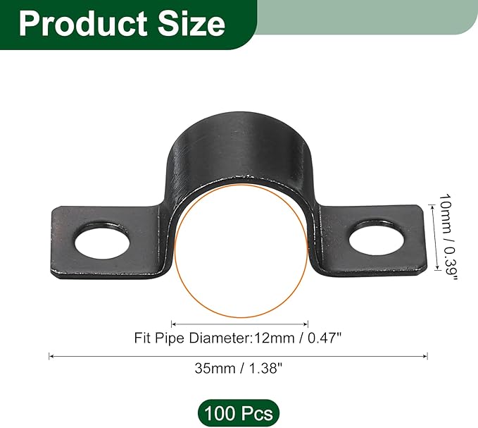 uxcell 100Pcs U-Shaped Pipe Clamp, 1/2 Inch(12mm) 2 Hole U-Tube Strap Clamp Heavy Duty Connector Bracket for Conduit Cables Wire Cord, Black
