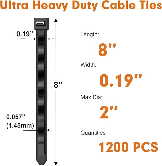 Zip Ties, RAZCC 1200pcs Black Cable Zip Ties 8 Inch, Heavy Duty Plastic Wire Ties with 70lb Tensile Strength, Self-Locking Black Nylon Tie Wraps for Indoor and Outdoor