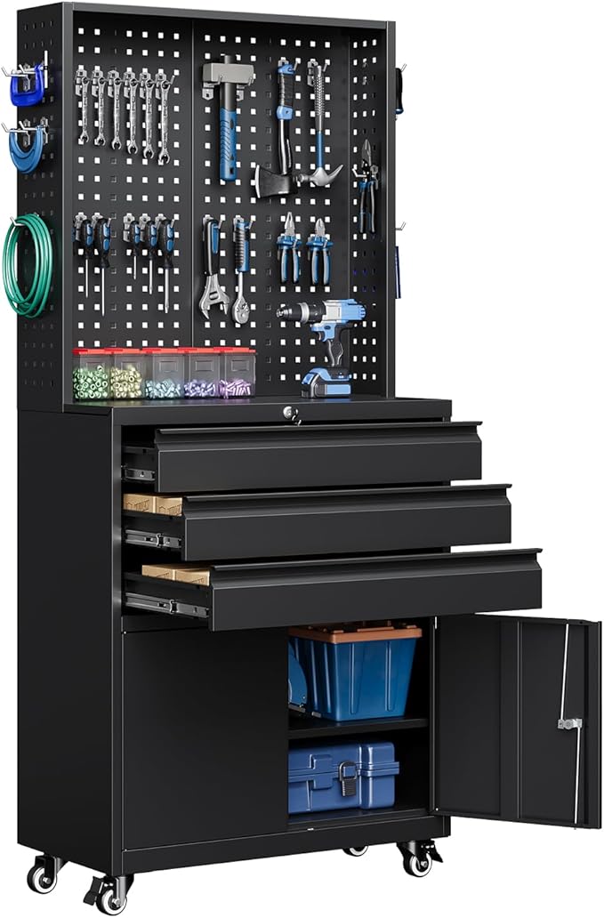 Yizosh Metal Garage Storage Cabinet with Wheels,3-Drawer Rolling Tool Cabinet with 2 Door and Adjustable Shelves,- 71" Steel Tool Cabinet for Warehouse,Garage,Workshop