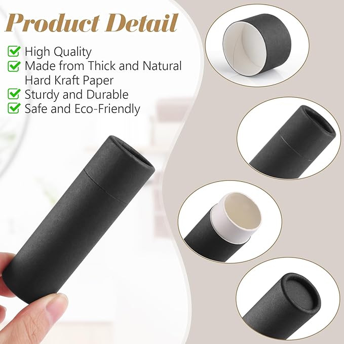 10 Pcs 25g Paperboard Lip Balm Tubes Refillable Krafts Paper Lipstick Tube Round Cardboard Empty Lip Gloss Container Holder Tubes for DIY Chapstick Salve Cosmetic Lotion Solid Perfume - Black-VeraVaultWomen