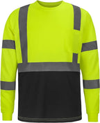 High Visibility Class 3 T Shirts，Hi Vis Safety Shirts with Reflective Strips and Pocket, Long Sleeve Quick Dry Mesh Construction Work Shirt for Men/Women Black Bottom Lime,2XL
