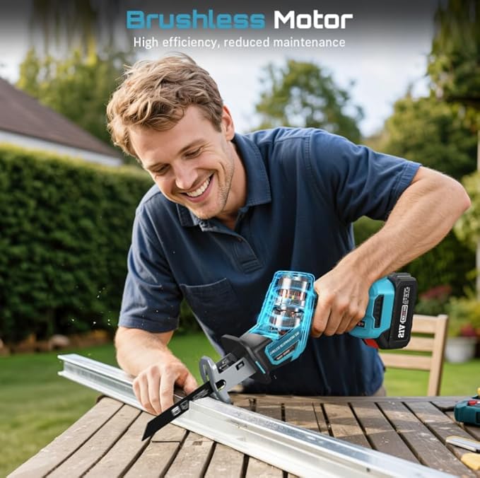 Seesii Reciprocating Saw Cordless, Variable Speed 3500 RPM Brushless Motor with 8 Saw Blades, 2 x 4.0Ah Batteries, LED Light, Tool‑Free Blade Change, Portable for Wood PVC Cutting