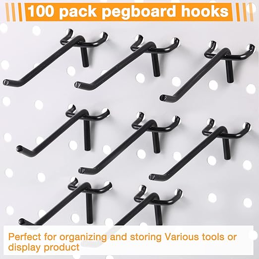 Shimeyao 100 Pcs Peg Board Shelving Hooks Stainless Steel Hanging Board Pegs Wall Display Hooks Bulk for 1/8 1/4 Garage Storage Organizer Accessories(4 Inch,Black)