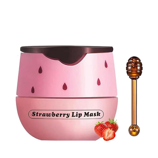 1 PCS Bee Lip Balm Lip Mask Honey Pot, Strawberry Moisturizing Sleeping Lip Mask Overnight with Sticks, Lip Balm Honey Pot Lip Balm Hydrating Prevention Dry and Crack Lip Scrubs Exfoliator-VeraVaultWomen
