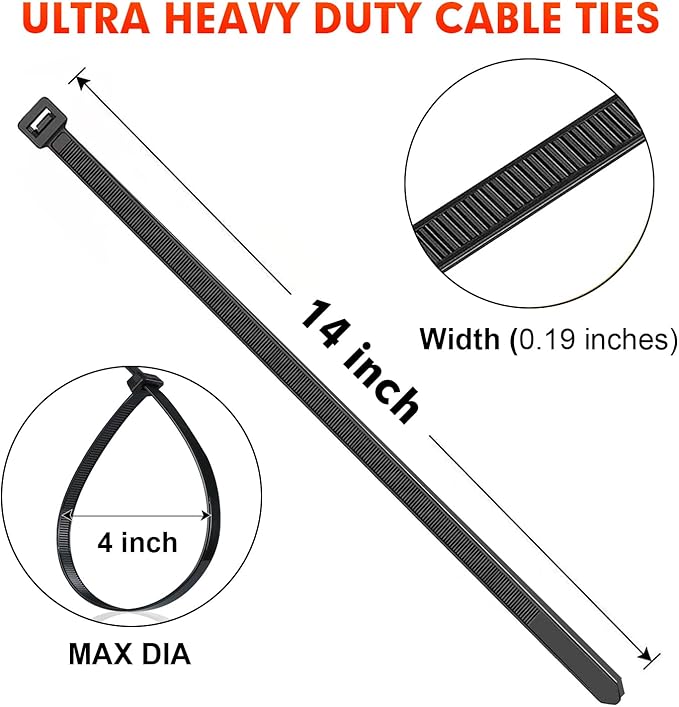 Zip Ties, RAZCC 1200pcs Black Cable Zip Ties 14 Inch, Heavy Duty Plastic Wire Ties with 50lb Tensile Strength, Self-Locking Black Nylon Tie Wraps for Indoor and Outdoor