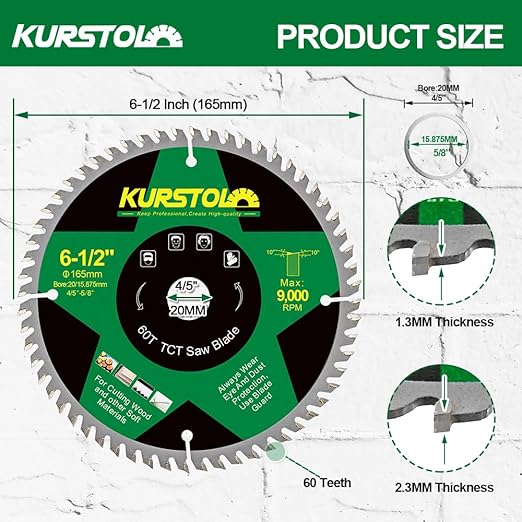 Circular Saw Blade 6-1/2 Inch - 60T ABT Wood Cutting Saw Blade with 4/5” Arbor for Wood, Plastic, Plywood, Particle Boards, Multilayer Boards(2 Pack)