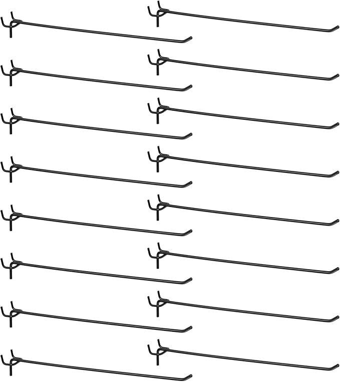 HARFINGTON 25pcs Pegboard Shelving Hooks 12" Stainless Steel Peg Board Display Hook Hanging Holders Wall Mount Organize Tools for Workbench Garage Kitchen Store, Black