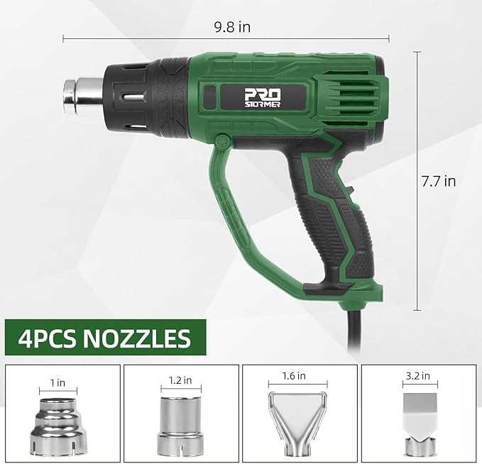 Prostormer 2000W Heat Gun, Hot Air Gun 140°F-1022°F(60°C-550°C) Variable Temperature Control for 3 Speed Settings with 4 Nozzels, for PVC, Paint Stripping, Shrink Wrapping, Crafts