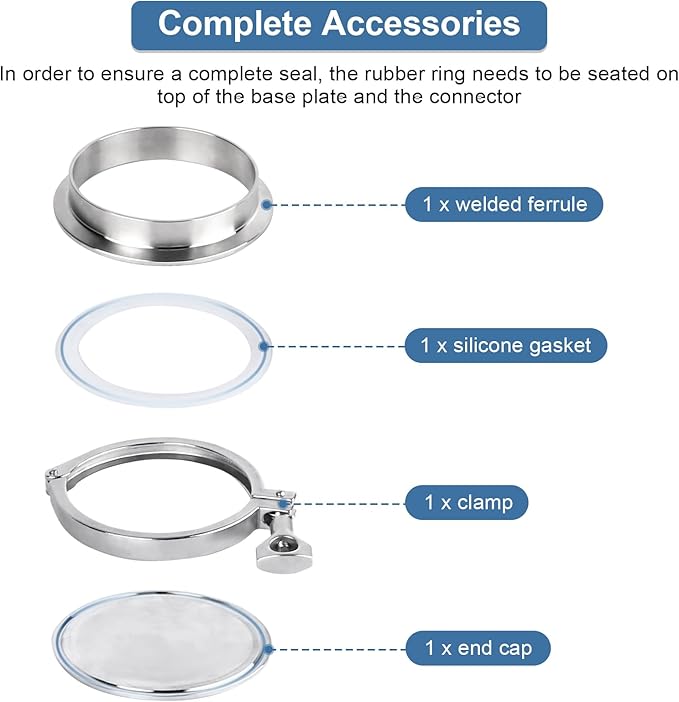 4 Tri Clamp Ferrule, Stainless Steel Sanitary Pipe Fittings Kit Sanitary End Set with 102mm 4 End, Weld Ferrule, Clamp, Gasket for Machinery Manufacturers