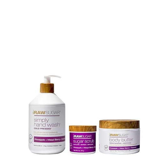 Raw Sugar Pineapple + Maqui Berry + Coconut Hand Soap, Body Scrub & Body Butter Bundle, Body Care for Dry Skin, Exfoliate and Moisturize, Hand Wash + Body Care - Formulated without Sulates and Paraben-VeraVaultWomen