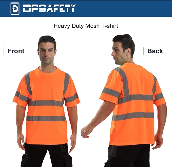 High Visibility Class 3 T Shirts，Hi Vis Safety Shirts with Reflective Strips and Pocket, Short Sleeve Quick Dry Mesh Construction Work Shirt for Men/Women Orange,Small