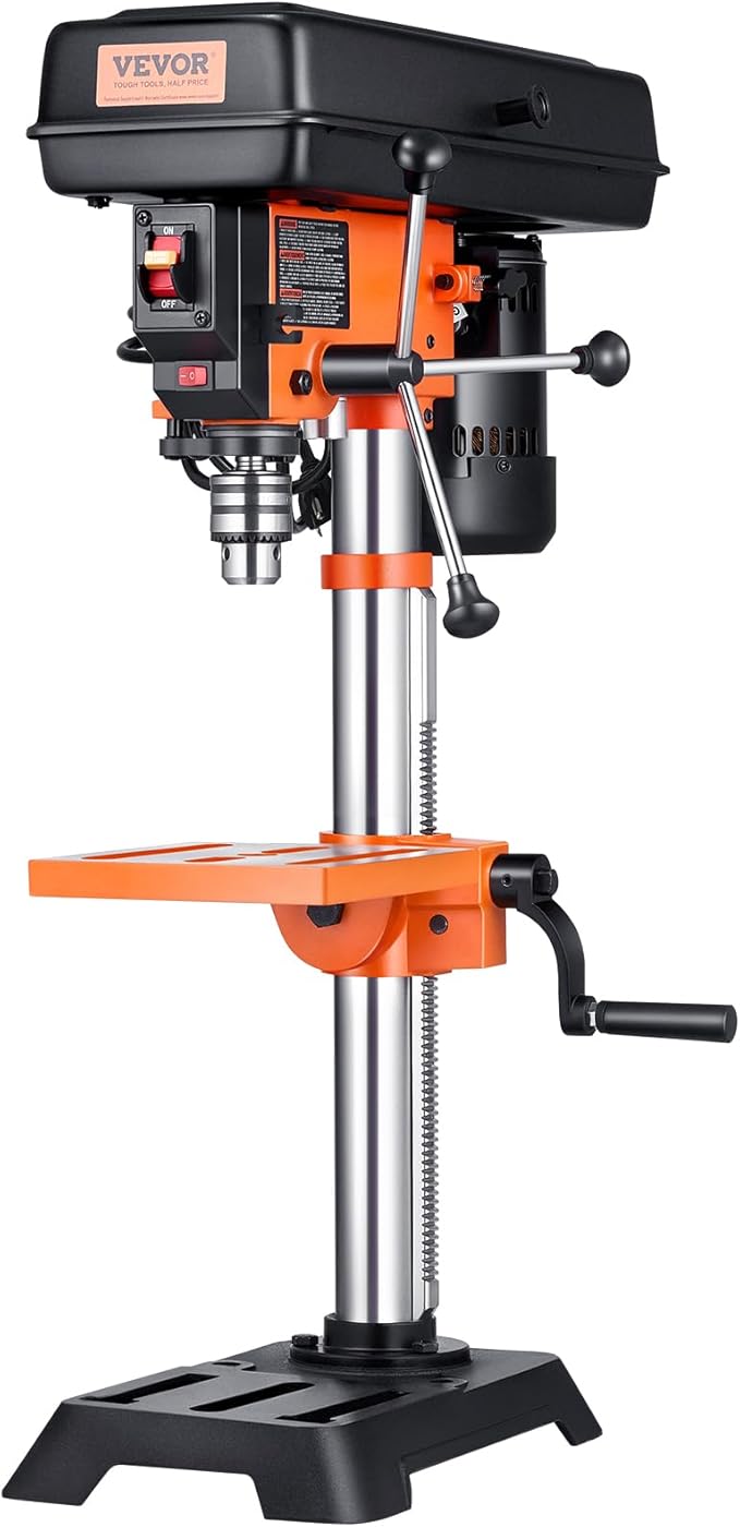 VEVOR Benchtop Drill Press, 3.2 Amp and 5-Speed Adjustable Drill Press with 10 in Swing, Cast Iron Frame, Worktable Tilts 0-45°, Ideal for Drilling Wood & Metal
