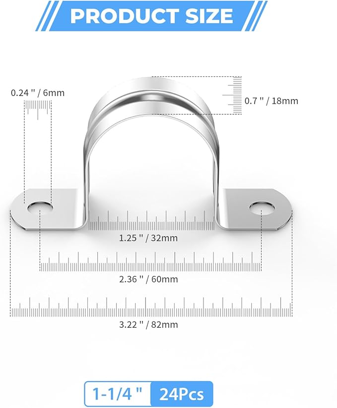 24Pcs 1 1/4 Inch (32mm) 304 Stainless Steel Conduit Clamps, U-Tube Strap Pipe Clamp 2 Hole Strap U Bracket Rigid Pipe Metal Conduit Strap Tension Clips U-tube Clamp