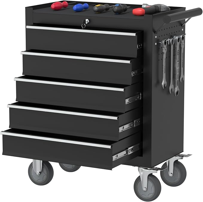 5-Drawer Rolling Tool Chest with Wheels, Metal Tool Box, Large Capacity Tool Storage Cabinet with Keyed Locking, Tool Organizer Box for Garage, Workshop, Warehouse -Black