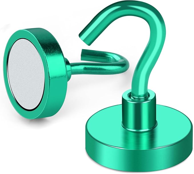 MIKEDE Magnetic Hooks, 40Lbs+ Heavy Duty Magnet Hooks for Cruise Cabins, Super Neodymium Hanging Hooks Strong Magnets with Hook for Fridge, Magnetic Hanger for Grill, Toolbox, Storage(Green, 10 Pack)