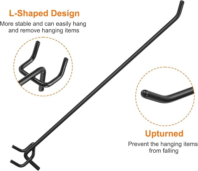 HARFINGTON 10pcs Pegboard Shelving Hooks 10" Stainless Steel Peg Board Display Hook Hanging Holders Wall Mount Organize Tools for Workbench Garage Kitchen Store, Black