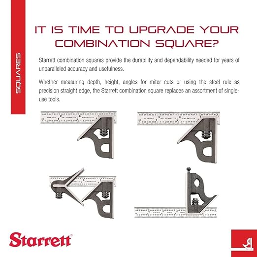 Starrett Steel Combination Square with Square Head - 150mm Blade Length, Cast Iron Heads, Hardened Steel, Reversible Lock Bolt, Scriber, 35 Graduation Type - 11MH-150