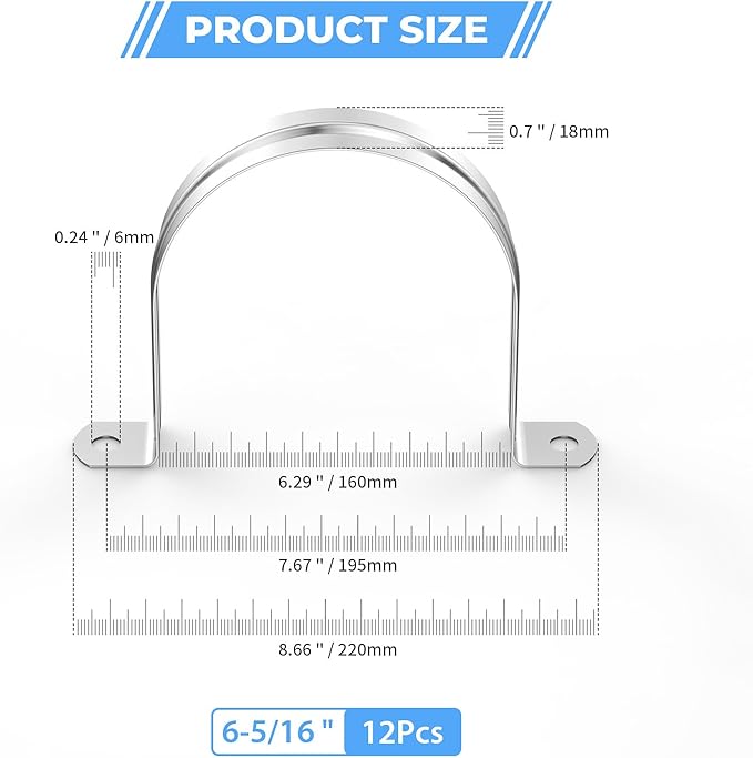 12Pcs 6 5/16 Inch (160mm) 304 Stainless Steel Conduit Clamps, U-Tube Strap Pipe Clamp 2 Hole Strap U Bracket Rigid Pipe Metal Conduit Strap Tension Clips U-tube Clamp