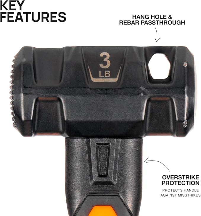 Klein Tools H80693 Sledgehammer, 3-Pound Dual-Faced Hammer with Fiberglass Handle, Shock-Resistant Design for Striking and Demolition, Includes Lanyard Hole