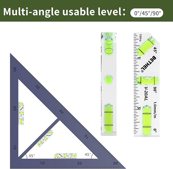 BETHEL Mini Bubble Level - 3-in-1 Multi-Angle (45°/90°/180°) Cross-Check Pocket Spirit Shatterproof Level for Picture Hanging, Wall Framing, Tile Layout & DIY Measuring Tools
